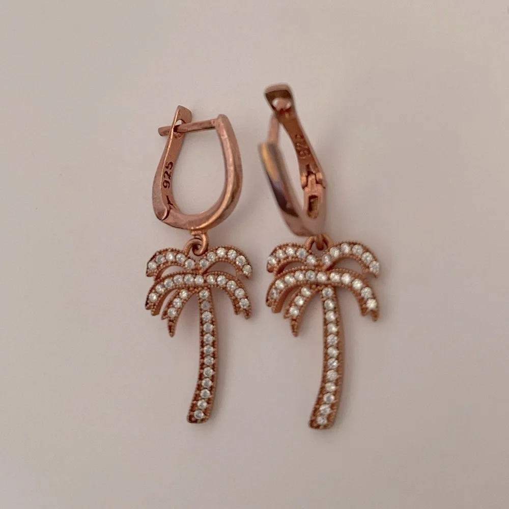 🌴925 Silver palm tree cz dangling hoop earrings 14k rose gold plated